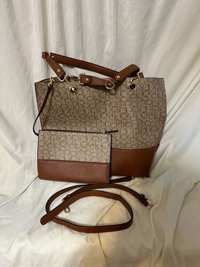 Calvin Klein Brown Monogram Tote Bag with Matching Pouch